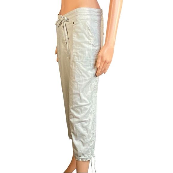 Onque Casuals Tan Capri Cargo Pants Drawstring Waist Rivet Detail Women Size 8 - Picture 2 of 7